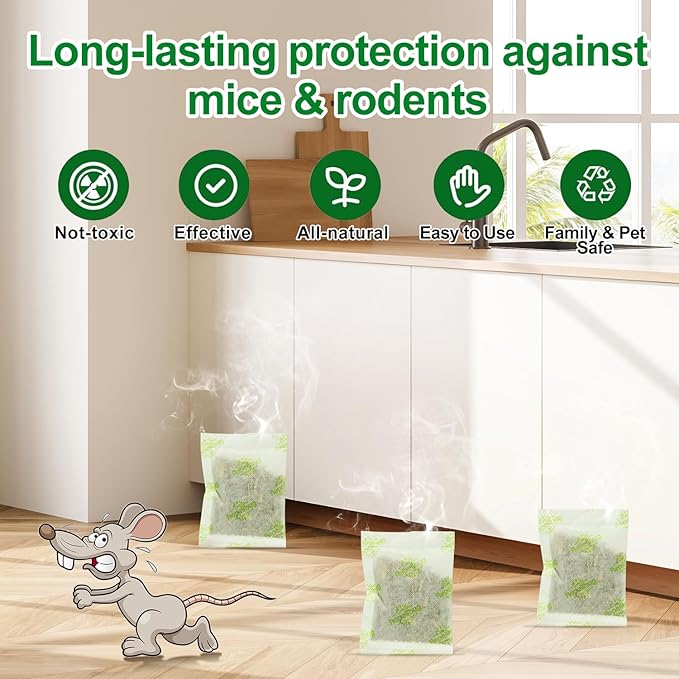 Pest Control Pouches, 12 Pack Peppermint Oil for Mice Rodent Rats Squirrel Pests Repellent Indoor Outdoor Use, Rodent Mouse Rat Deterrent Family Pet Safe Ideal for House Garage Warehouse