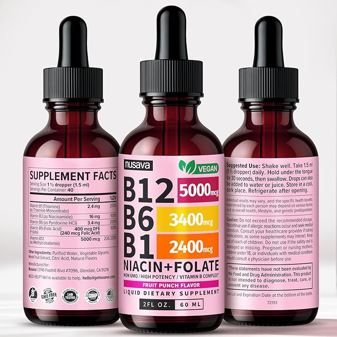 (2 Pack) Vitamin B12 and B6 Liquid Drops, B12 Sublingual Vitamin B Complex - B 12 Vitamin 5000mcg - B12 Methylcobalamin for Energy, Brain, and Heart Support with 27,200 mcg, Fruit Punch, 80 Servings