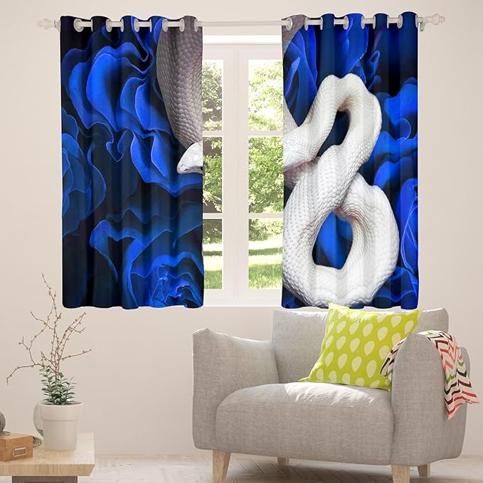 White Snake Hide Blackout Curtains,African Tropical Desert Wild Animals Window Curtains 2 Panels 52"Wx84"L,Blue Rose Flowers Exotic Curtains & Drapes,Serpentine Reptile Little Dragon Window Treatments