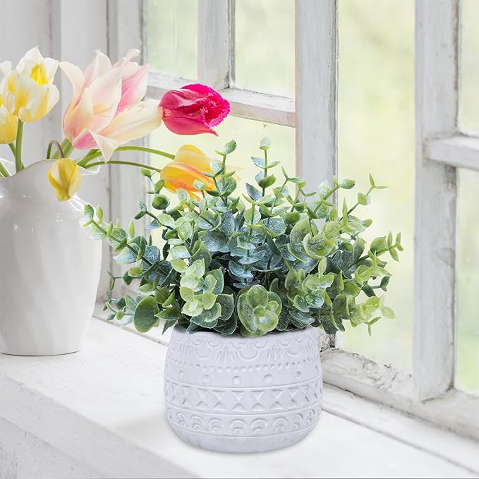 Winlyn Set of 2 Small Artificial Potted Plants Faux Eucalyptus Plant in White Geometric Ceramic Pots Small Desk Potted Plants 7.1" Tall for Home Office Room Decorations Wedding Greenery Centerpiece