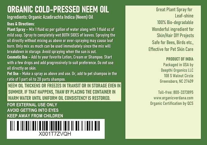 Verdana Pure Neem Oil for Plants – 1 Gallon (128 Fl Oz) – Organic, Cold Pressed, Unrefined, Non-GMO – 100% Natural Spray for Plant Leaf Shine, DIY Beauty, Soap Making – No Additives