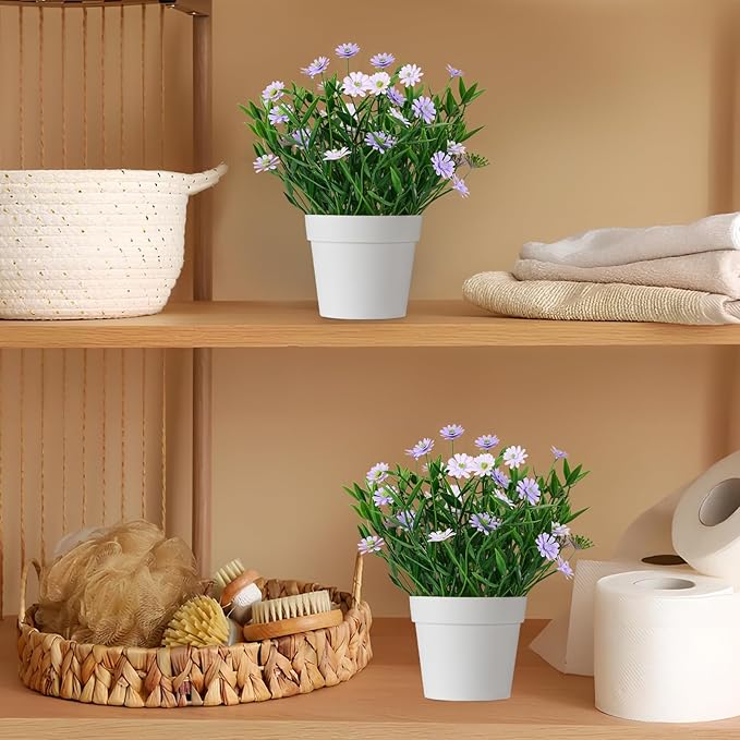 Fake Plants Daisy for Bathroom Decor, Small Potted Artificial Plants Indoor for Shelf Desk Home Bathroom Farmhouse Room Coffee Table Decor, Purple