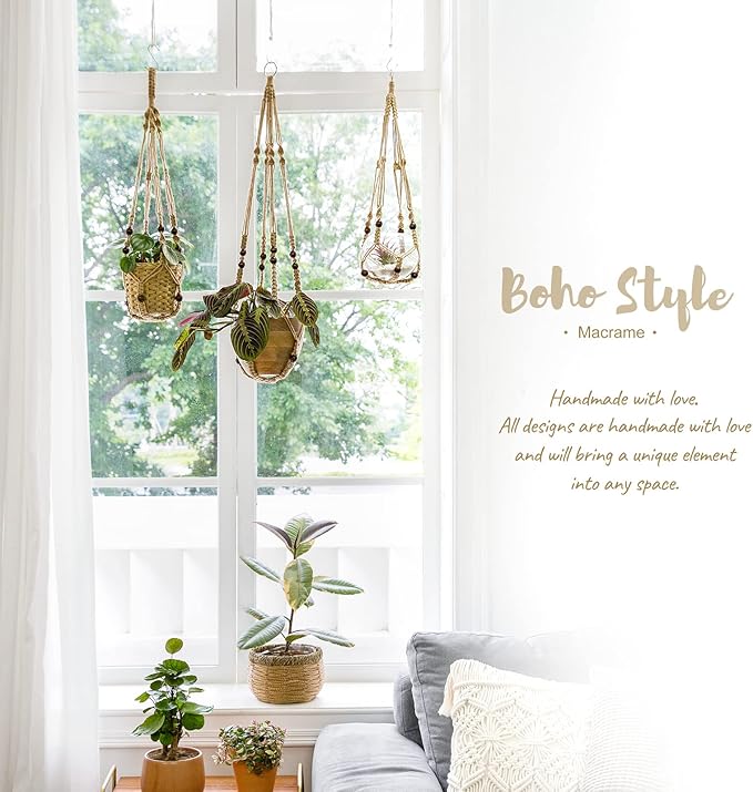 Mkono Macrame Plant Hanger Indoor Hanging Planter Basket with Wood Beads Decorative Flower Pot Holder No Tassels for Indoor Outdoor Boho Home Decor 35 Inch, Brown, Set of 3 (POTS NOT Included)