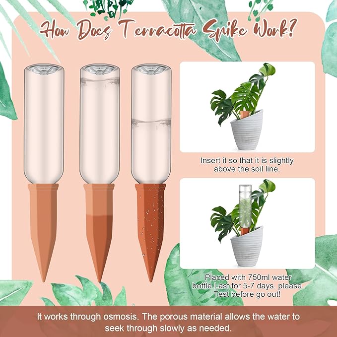 SiliFine 6 Sets Plant Watering Devices Include Terracotta Self Watering Spikes and 26 oz Plastic Bottles, Slow Release Vacation Insert Automatic Plant Waterer Device (Clear Green and Terracotta)