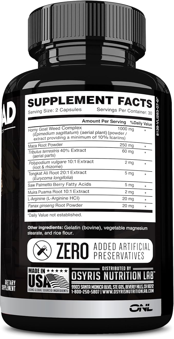 ONL Major Load Testosterone Booster for Men - Testosterone Supplements with Horny Goat Weed, Maca Root, & Tribulus Terrestris - Tongkat Ali Men's Energy, Stamina & Strength - Test Booster 60 Capsules