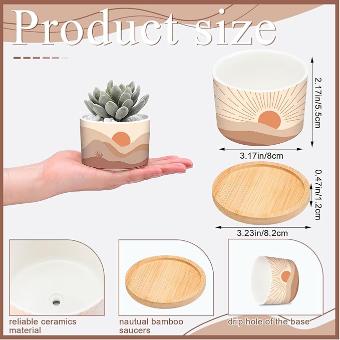 Qinyoung 6 Sets Boho Plant Pots Succulent Pot Modern Sun Ceramic Flower Planter Pot with Bamboo Tray for Indoor Plants, Aloe, Cactus, Home Office Decor