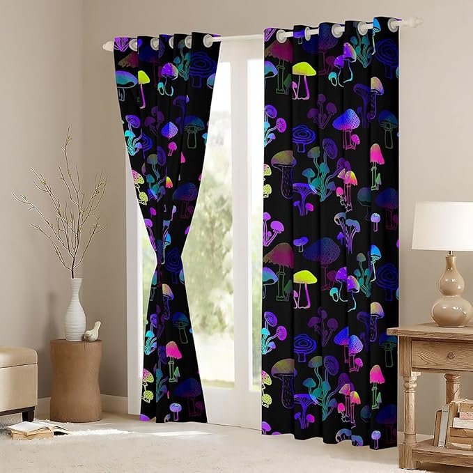 Colorful Mushrooms Blackout Curtains,Neon Gradient Mushroom Window Curtains 2 Panels 52"Wx63"L,Botanical Plants Curtains & Drapes,Fungus Natural Theme Window Treatments Yellow Blue Pink Black