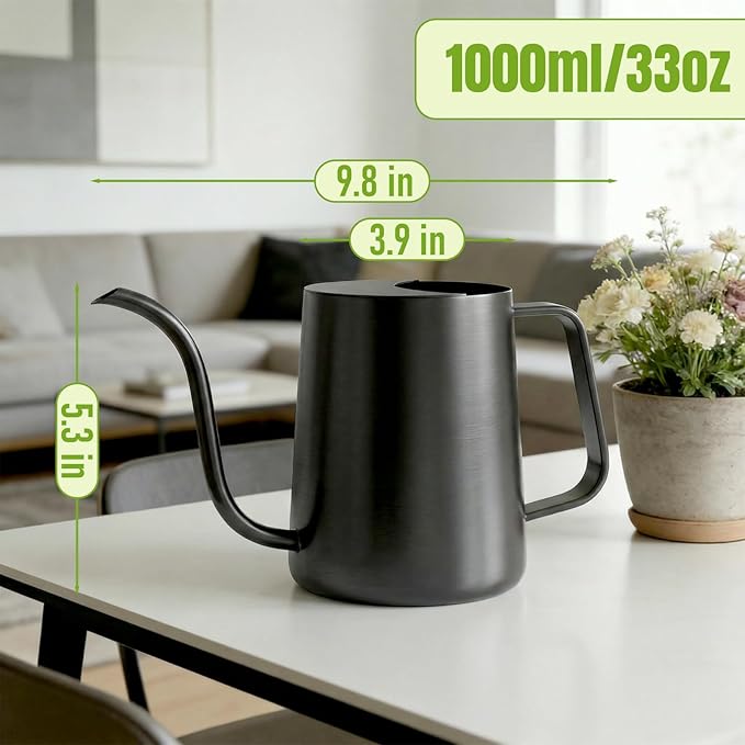 34oz/1000ml Watering Can Indoor Plants with Long Spout, Plant Watering Can for Ergonomic Handle, Rust-Resistant & Durable 304 Stainless Steel, Office & Home (Black)