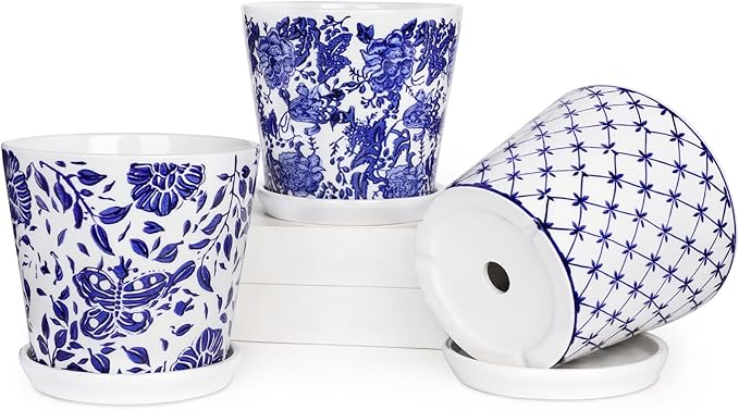 Set of 3 Decorative Plant Pots Blue and White Flower Pot, Round Ceramic Planters for Indoor Plants Pots with Drainage Hole Saucers, Retro Planter Pot for Succulents Cactus Outdoor Garden, 5.9 Inch