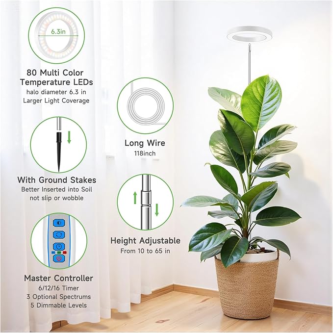 Aokrean Grow Lights for Indoor Plants, 6000K Full Spectrum Plant Grow Lights, Height Adjustable 10"-65" Growing Lamp, Automatic Timer 6/12/16Hrs, 5-Level Dimmable, Idea for Large Plant, 2 Pack