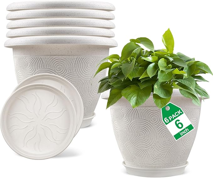 Fodetyff 6 Inch Flower Pots Planters for Indoor Outdoor Plants, 6 Pack Plastic Small Plant Pots with Drainage Hole & Tray, Modern Decorative Garden Pot with Saucer, Plant Container for House