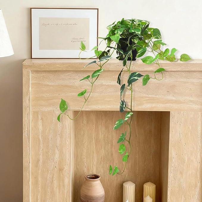 Fake Pothos Hanging Plants, 33" Potted Artificial Hanging Plant, Faux Pothos Silk Vines Hanging Plant Greenery for Home Living Room Indoor Decor