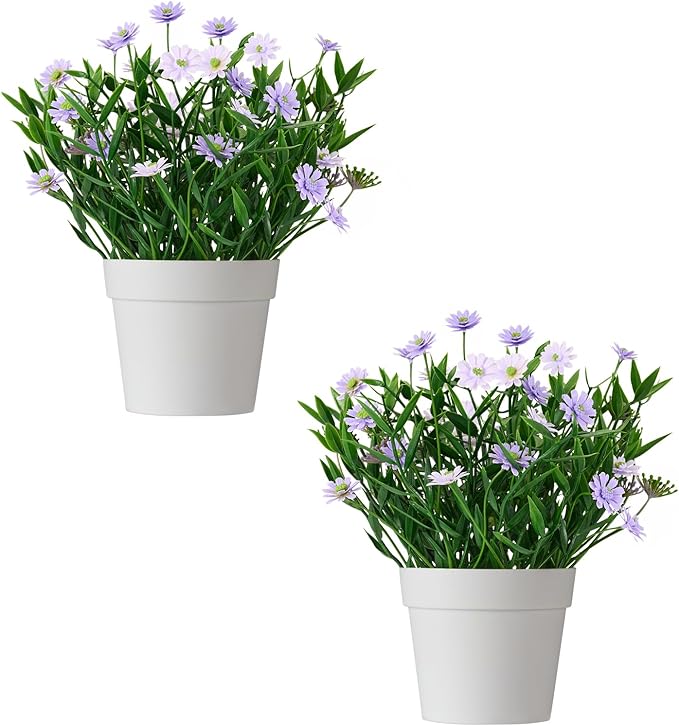 Fake Plants Daisy for Bathroom Decor, Small Potted Artificial Plants Indoor for Shelf Desk Home Bathroom Farmhouse Room Coffee Table Decor, Purple (Pack of 2)