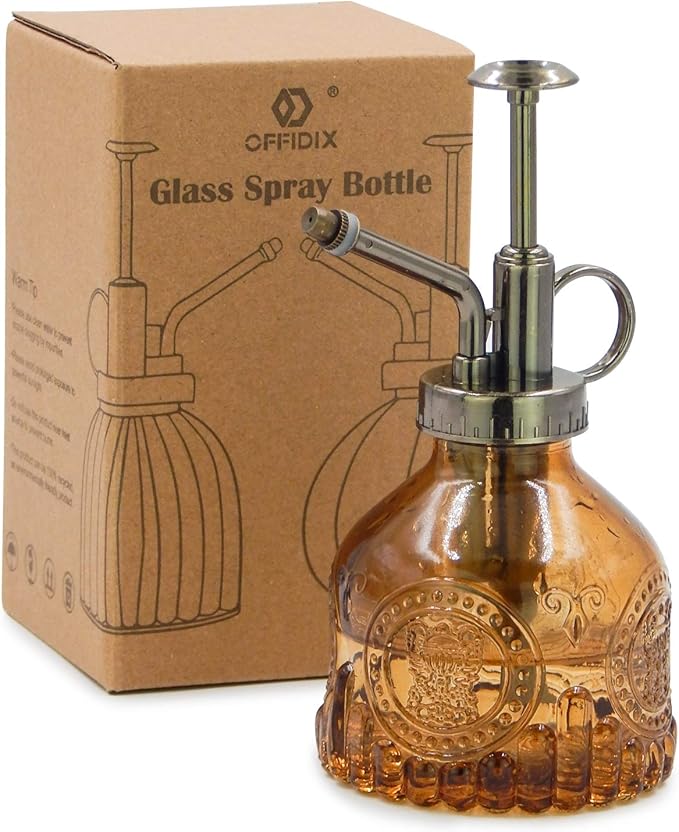 OFFIDIX Glass Watering Spray Bottle,Plant Mister Watering can Indoor with Bronze Plastic Top Pump,One Hand Glass Small Watering Can for Outdoor Indoor Garden,Cleaning Solutions and Home Decora(Brown)