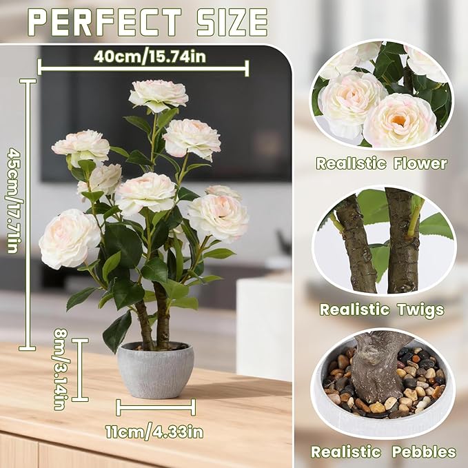 TOARTi Artificial Camellia Potted Plant with Stone Pot, 20.5" Tall Fake Potted Flowers Faux Desk Plant, Realistic Decorative Plants Indoor Decor for for Home Bedroom Bathroom Office Desk
