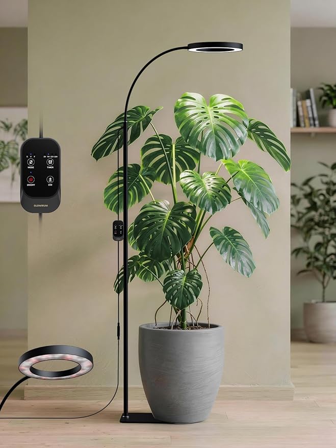 GLOWRIUM Grow Lights for Indoor Plants, Full Spectrum LED Grow Light Floor Lamp with Stand Adjustable Height and Angle, Black Plant Light with 3/9/12H Grow Light Timer (Black, 20W)