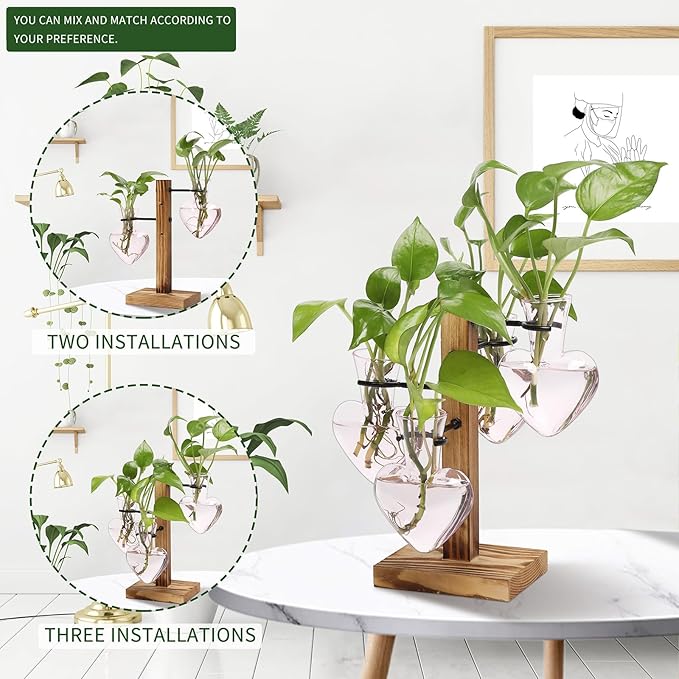 Plant Terrarium Propagation Stations with Wooden Stand, Glass Vase for Indoor Hydroponics Home Garden Office Decoration Gift for Women - 4 Love Bulb Vase