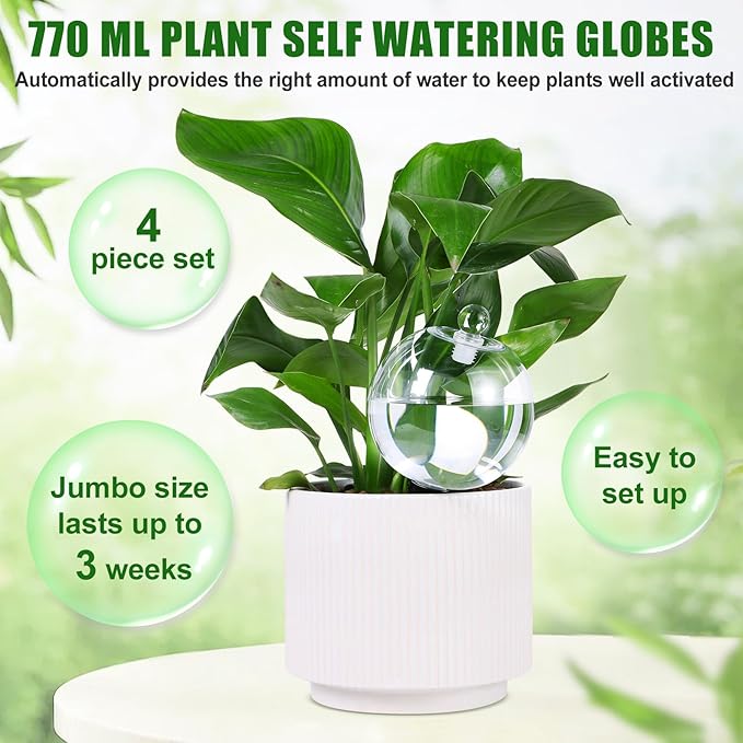 26 oz Extra Large Plant Self Watering Globes Top Fill - Upgraded Plastic Water Bulbs, Slow Release Terracotta Self Watering Planter Insert, Plant Watering Devices System, Water Spikes Stakes, 4 Pack