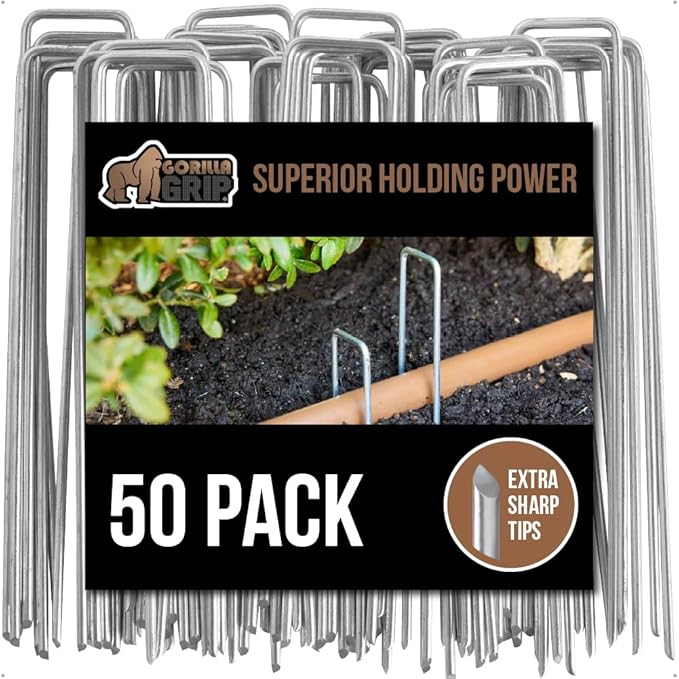 GORILLA GRIP Premium Landscape Staples 50 Pack 6 Inch, Heavy Duty 11 Gauge Galvanized Steel Garden Stakes, Sharp Rust Resistant Landscaping Pins, Lawn Anchors for Weed Barrier Fabric, Sod, Irrigation