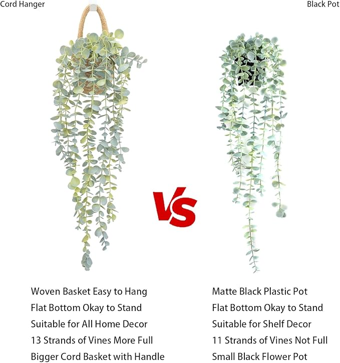 Fake Hanging Plant Decor Indoor, Eucalyptus Artificial Faux Plants in Wall Woven Planters, Jute Hanger with Black Pot Soft Green 2PCS 23Inch Long
