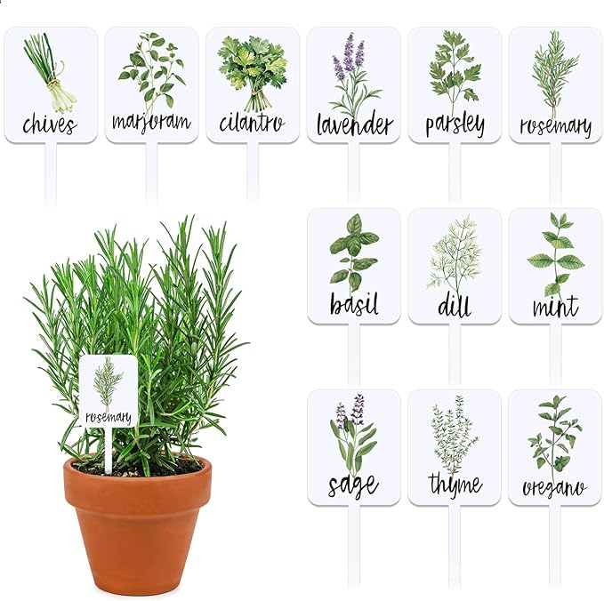 Whaline 24Pcs Acrylic Plant Label Signs 12 Styles Planted Herb Garden Markers Waterproof Plant Stake Tags with Herb Names for Nursery Indoor Outdoor Garden Decoration