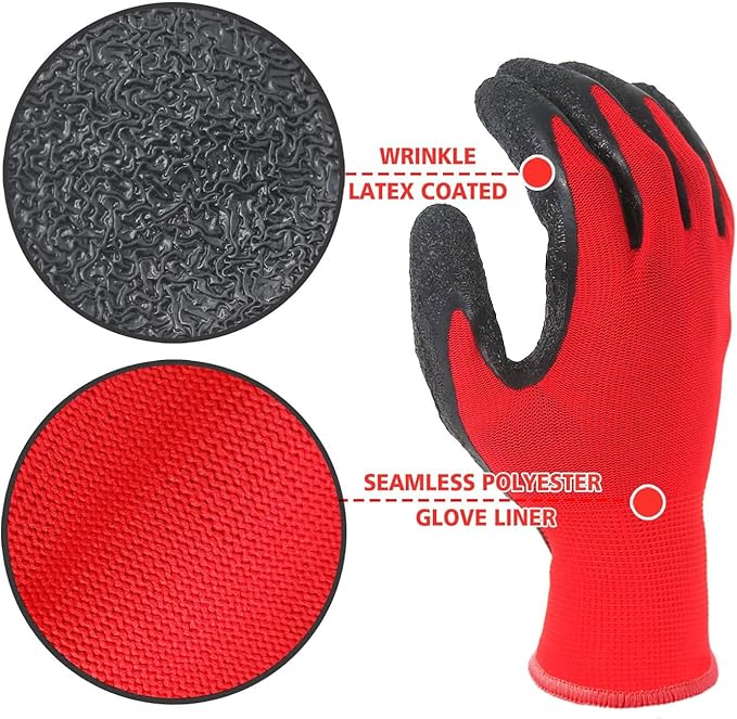 Evridwear Crinkle Latex Rubber Hand Coated Safety Work Gloves for Men Women General Multi Use Construction Warehouse Gardening Assembly Landscaping,Red X-small 12 Pairs Pack