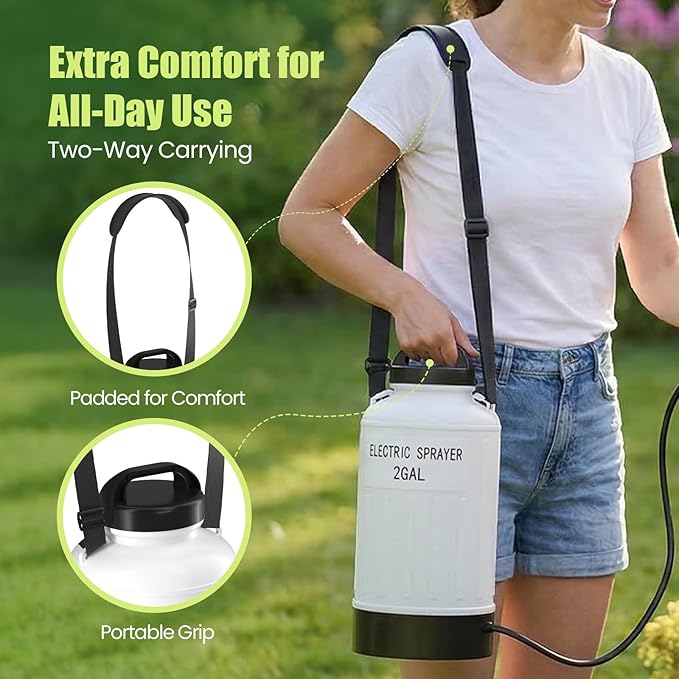 Battery Powered Garden Sprayer 2 Gallon 7.4V Powerful Electric Weed Sprayer with Retractable Leak-Proof Wand, 3 Adjustable Nozzles & Strap for Lawn,