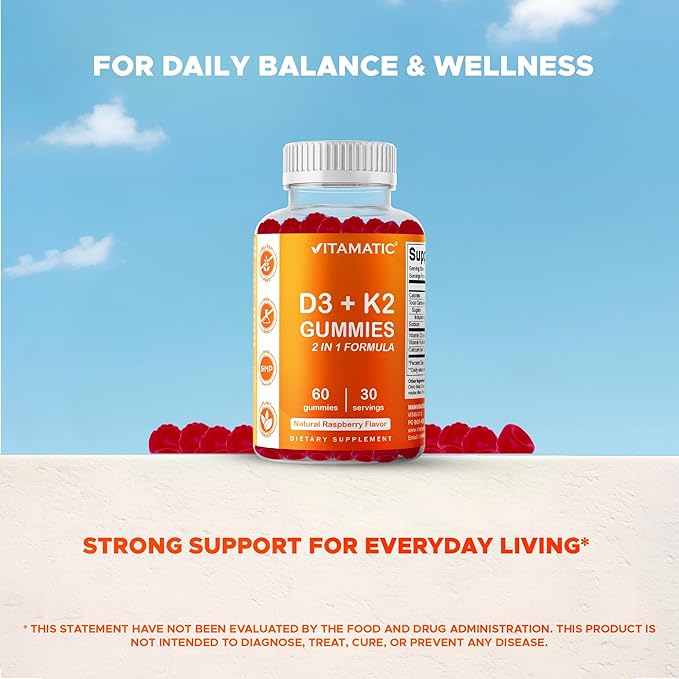 Vitamatic Vitamin D3 + K2 Gummies – 60 Count | Supports Bone, Heart & Immune Health – Promotes Calcium Absorption – Plant-Based, Non-GMO, Gluten-Free