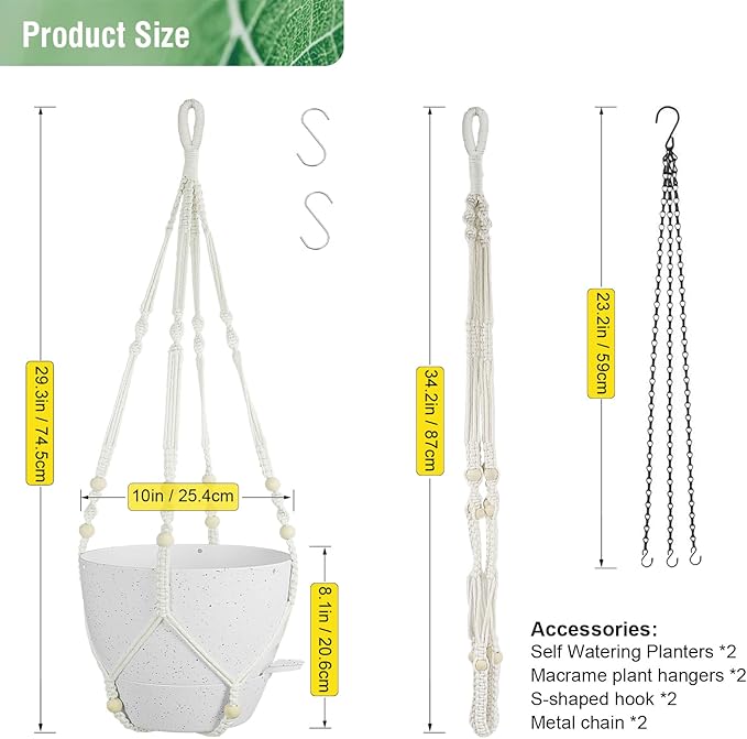 Meowell 10 inch Self Watering Hanging Planters, 2 Pack Hanging Baskets for Indoor Outdoor Plants, Hanging Flower Pots with Drainage Holes and 2 Kinds of Plant Hangers for Garden Decor, Speckled White