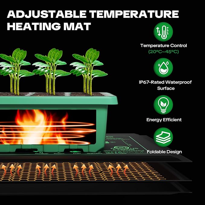 YAUNGEL Seed Starter Tray with Grow Light, Heat Mat with Thermostat, 5 Pack Seed Starter Kit with Timing Controller Adjustable Brightness, Thicken Seedling Starter Trays with Humidity Domes