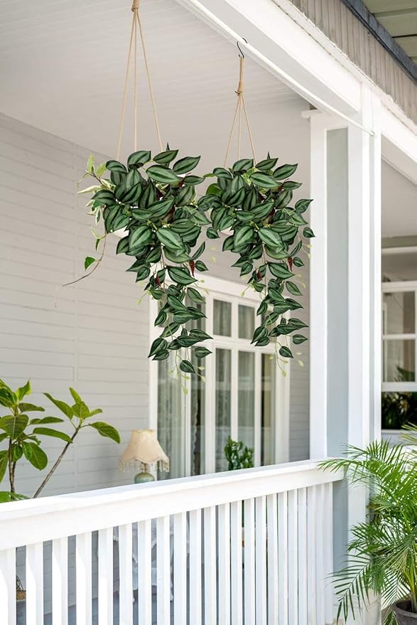 DILATATA Fake Hanging Plants Artificial Hanging Plants 92 Leaves Faux Wandering Jew Hanging Leaves Plants for Wall Shelf Home Indoor Outdoor Decor - 2 Pack