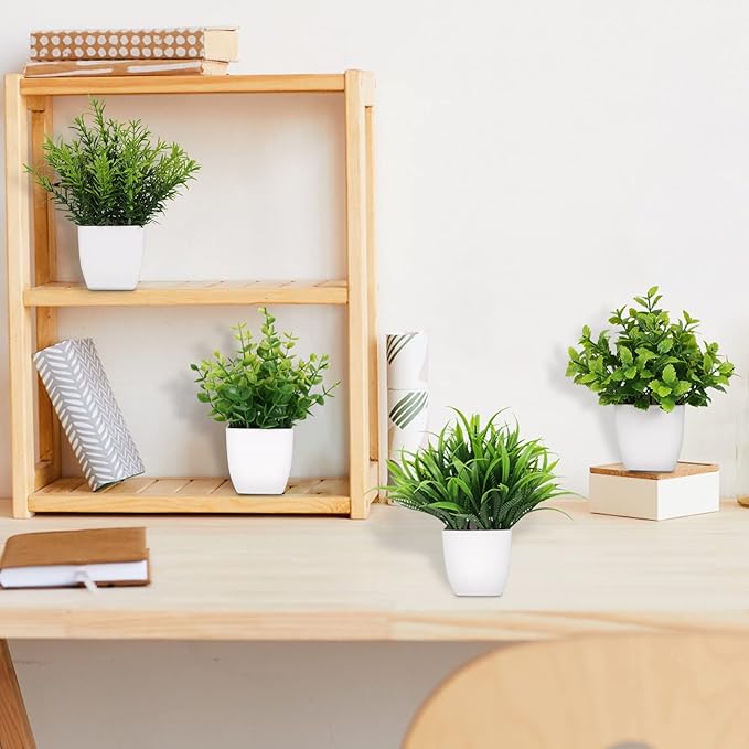 Yoratee 4 Pot Small Fake Plant Flowerpot Artificial Plastic Eucalyptus Plant Wheat Grass Shrub Plant Indoor Desk Coffee Table Bathroom Bedroom Home Decoration (4)