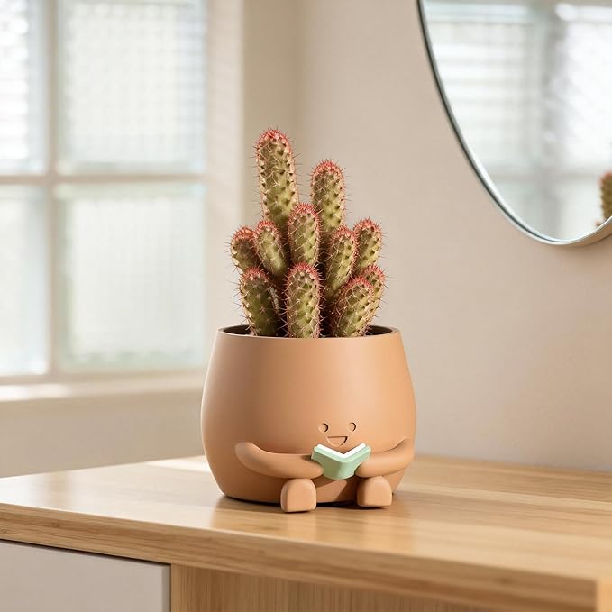 ZSHAWN Smiley Face Planter, Book Lover Plant Pot, Resin Bookworm Planter with Drainage Hole Plug, Cute Reading Succulent Pot Happy Face Indoor Desk Bookshelf Home Decor Peach Color