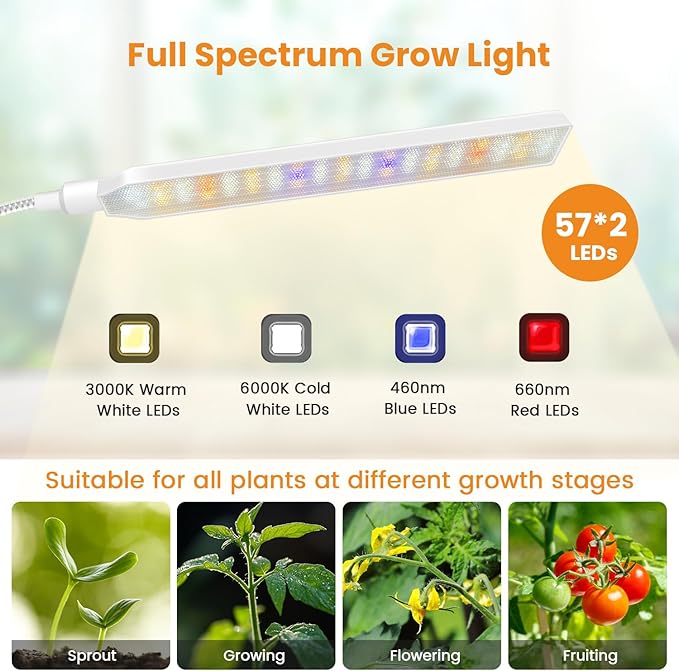 Kullsinss Grow Lights for Indoor Plants with Stand, 2-Heads Full Specturm Plant Grow Light with 4/8/12/16H Timer, 3 Color Modes, 360° Flexible Gooseneck, 24-68.7in Hight Adjustable Plant Growing Lamp