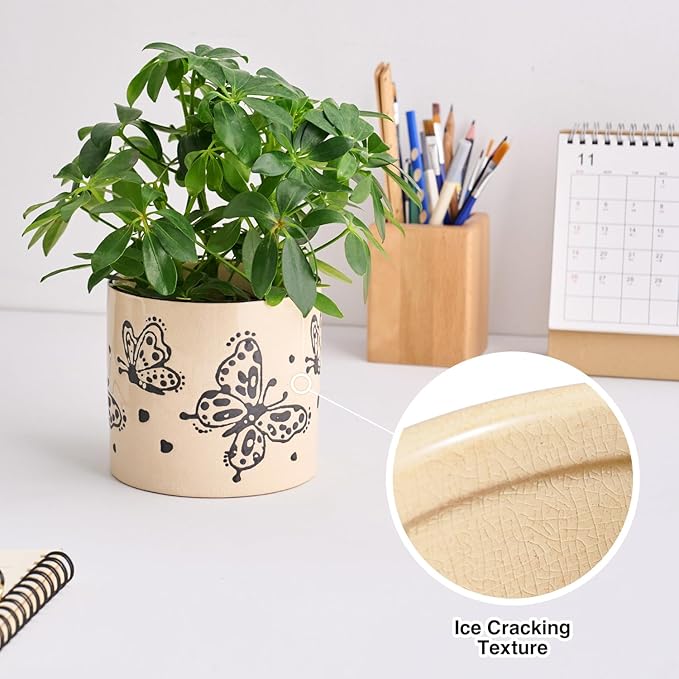 STHIE 5 Inch Ceramic Plant Pots with Drainage Holes, Small Round Flower Pots for Indoor Plant, Unique Animal Flower Planters (Butterfly)