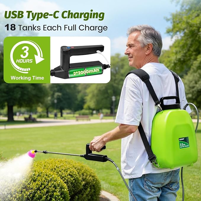 Battery Powered Backpack Sprayer 3.2Gallon, Electric Sprayer with 3-Adjustable Sprayings, Battery Indicator, 5 Nozzles, 41" Retractable Wand, Rechargeable Garden Sprayer for Weed, Lawn&Yard