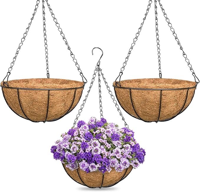 ZeeDix 3 Pack 16 Inch Large Hanging Baskets for Plants Outdoor with Coconut Liners Replacement, Hanging planters Baskets with Natural Coco Liner for Outdoor Indoor Planters Flowers Vegetables