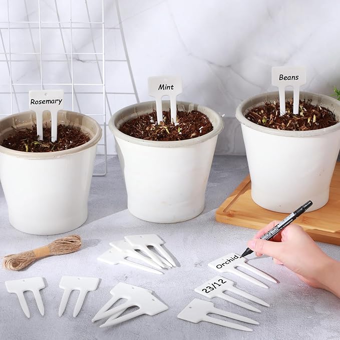 Colingmill 24 Pack Ceramic Plant Labels Garden Markers 4 Inch T-Type Plant Name Tags Herbs Succulent Name Tags for Indoor Outdoor Markers Tree Reusable Waterproof Label Stakes