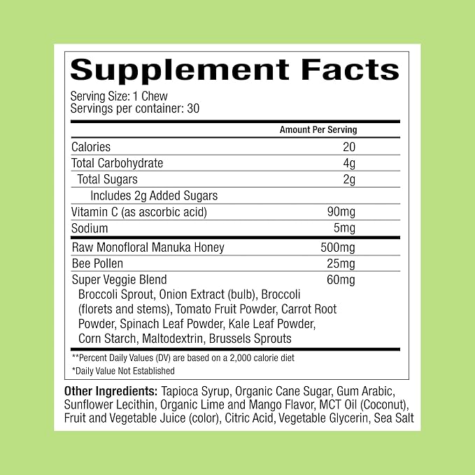 Plant People WonderBee Super Greens Manuka Honey Chews - Bee Pollen, Super Greens & Vitamin C - Immune Support, Antioxidants & Energy Boost (30 Count)