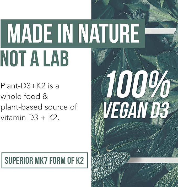 Organic Plant D3 + K2 | 5000 iu D3 + 120 mcg K2 as All-Trans MK7 from MenaQ7® - 100% Whole Food, Raw & Vegan | Enhanced Digestion with Prebiotic & Superfood Complex – D3 from Organic Algae (60 Count)