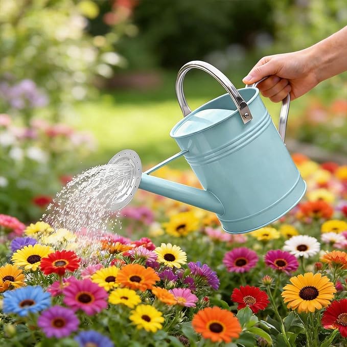 Metal Watering Can for Outdoor Plants, 1.7 Gallon Light Blue Garden Watering Can for Flower, Houseplants, Galvanized Finish