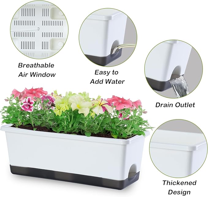 Oliz Window Box Planter 8 Pcs, 17 Inches Rectangle Flower Pots with Drainage Holes & Trays, Vegetable Planters for Windowsill Patio Garden Balcony Home Indoor Outdoor (White, 16 * 7 * 6 inch)