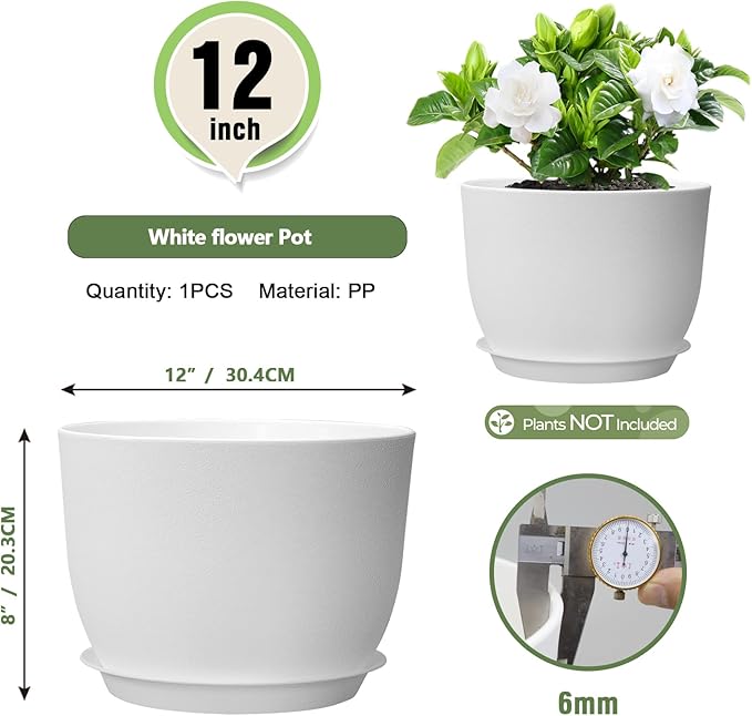 Meowell 12 inch Large Plant Pots, Plastic Planters with Drainage Holes and Saucers, Flower Pots for Indoor Outdoor Plants, Modern Decorative Pots for Garden House Plants, White