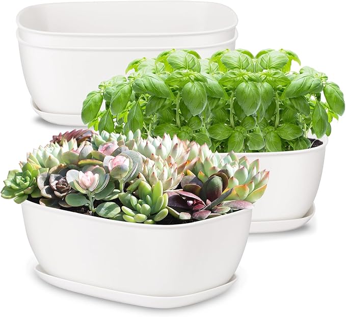 Oliz Set of 4 White Oval Shallow Herb Garden Planters with Drainage Holes and Trays (8.66 Inch) Plant Pots for Herbs Basil Orchids Succulents, Modern Herb Garden Planter for Indoor/Outdoor Plants