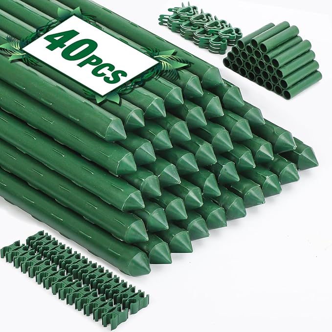 Garden Stakes 40 Pack, 16 Inch Plastic Coated Metal Tomato Stakes, DIY 4ft 5ft 6ft 7ft Plant Support Stakes with 28 Connectors 28 Rotatable Clips 28 Plant Clips for Indoor Outdoor Vegetables