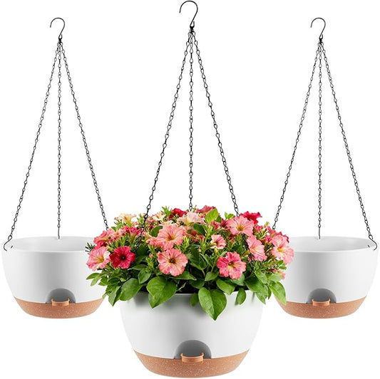3-Piece Set of 10-Inch Hanging Planters with Automatic Watering System and Drip Tray, Includes Metal Chain, Suitable for Various Indoor and Outdoor Plants and Flowers, White-Brown