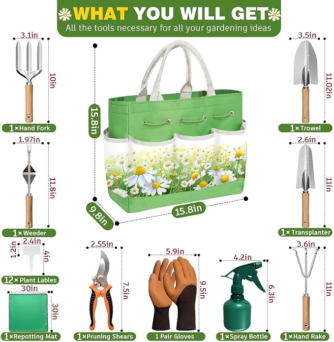 22Pcs Garden Tools Set for Women,Heavy Duty Hand Tool Kit, for Mom Beginner Gardening Essentials with Large Tote Bag/Repotting Mat/Trowel/Rake/Pruner/Gloves/Plant Tags-Green