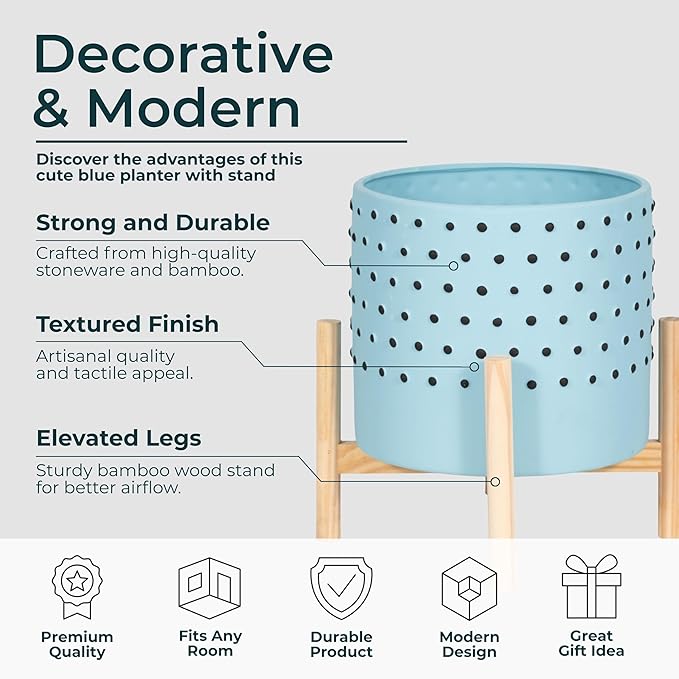 Ceramic Planter With Stand Indoor – Plant Stand Indoor For Elevated Greenery, Living Room Or Patio Placement, Textured Blue Home Decor Design Adds Height And Visual Impact – 11", Blue