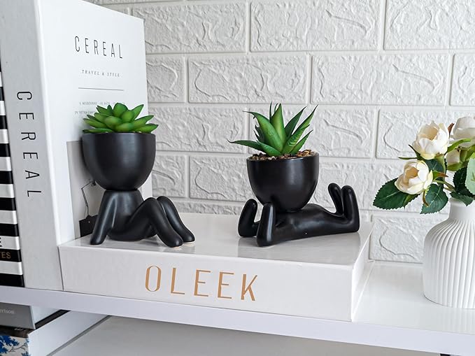OLEEK Small fake plant office decor for women - blacks plants decor - office plants artificial - fake plants black - succulents fake plant for shelf decor - fake plants black pots for plants - Pot Set
