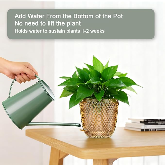 QCQHDU 2 Pack Self Watering Pots, 7.2 Inch Flower Pots with Drainage Holes and Water Filling Port, Garden Planter for Indoor Outdoor Plants (Gold)